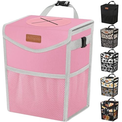 Pritent Car Trash Can with Lid Cute Leakproof Car Trash Garbage Bag Hanging Vehicle Trash Bin Small Portable Automotive Garbage Cans Organizer for BackFront SeatTrapezoidPink
