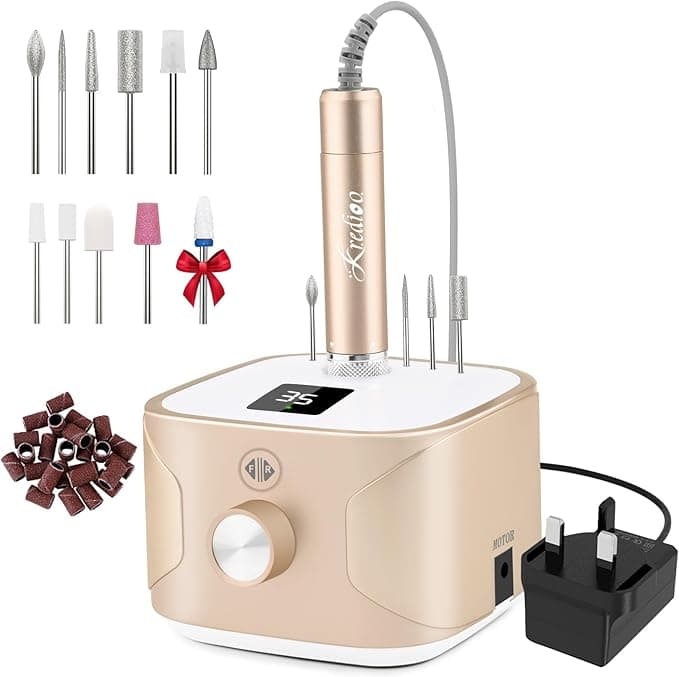 Kredioo Nail Drill 35000RPM Electric Nail File for Acrylic and Gel Nails Professional Nail Drill Machine Manicure Pedicure Kit with 11 Bits LCD Display Touch Button Gold