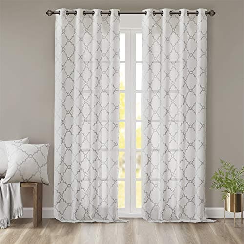 Madison Park Saratoga Single Window Curtain Light Filtering Fretwork Print 1 Panel Grommet Top Drape for Living Room Bedroom and Dorm, 50x108, Ivory/Grey