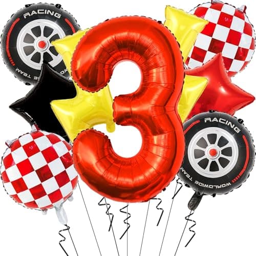 Cartoon Race Car Balloons Birthday Party Decorations 40 Inch Red Foil Number 3 Balloons Large Lightning Balloons for 3rd Birthday Decorations for Boys Race Car Themed Party Decor Supplies