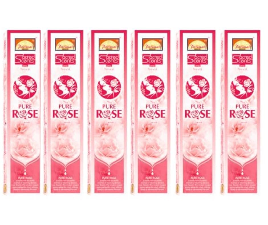 Parimal Pure Rose Agarbatti (75-85 Sticks) (144 gm) | Burning Time - 45-60 Min | Sacred Scents Natural Incense Sticks | Fresh Rose Fragrance for Meditation, Relaxation & Home | (Pack of 6, 24g Each)