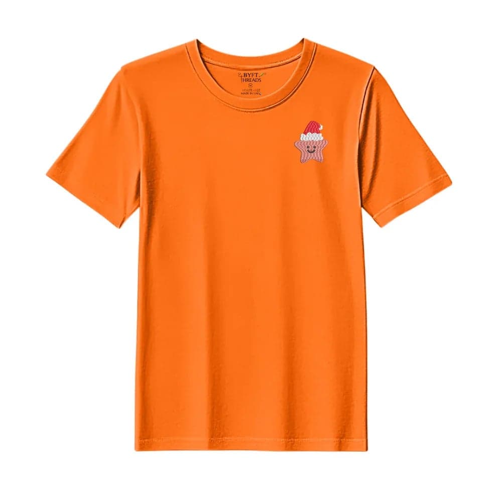 Threads XL Orange Polycotton T-Shirt - Christmas "Smiling Christmas Star with Santa Hat" Embroidered Design, Premium Holiday Collection