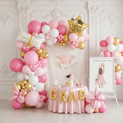 Pink and White Gold Grad Balloon garland arch kit 145pcs With Large Gold Star GRAD Letter balloons for 2026 graduations decorations Prom girls birthday party supplies