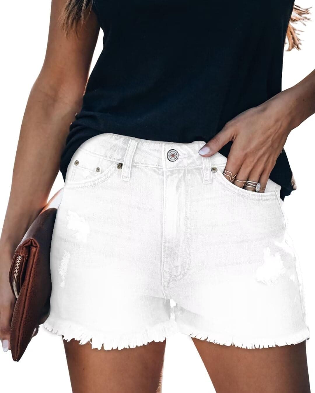 ZOLUCKY Women Frayed Raw Hem Shorts Distressed Elastic Waist Casual White Jean Shorts for Summer White XL