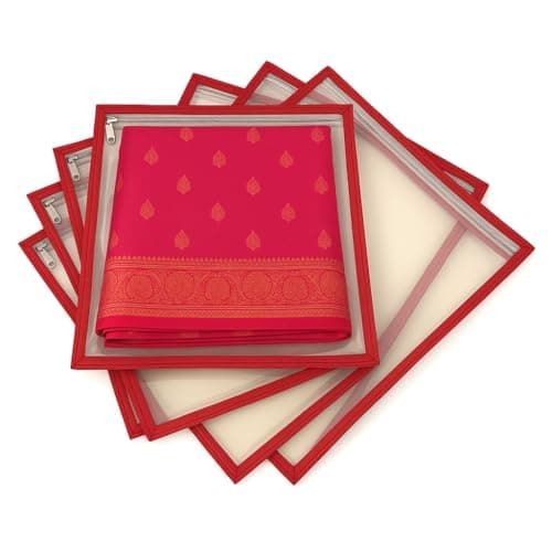 RAAHII 10 Piece Transparent single saree cover with zip, suit packing plastic covers for sadi, duppata, clothes bags, kurti for wedding gifting or wardrobe storage organizer (RED, Pack of 10), 37 Cm