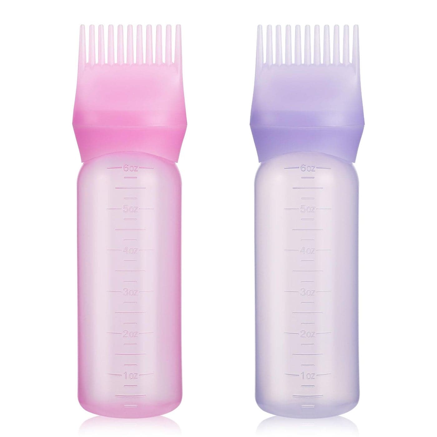 Pimoys 2 Pack Root Comb Applicator Bottle 6 Ounce Oil Applicator for Hair Dye Hair Oiling Applicator Brush with Graduated Scale Pink and Purple