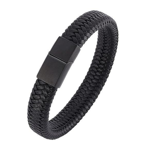TRIPIN Black Leather Bracelet for Men, Magnetic Clasp, Braided Design, Fashion Accessory