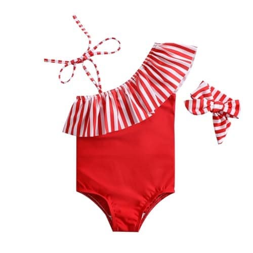 Baby Bucket Girls Asymmetric Ruffled Printed One Piece Swimsuit with Headband - (2 Years-3 Years) - Red
