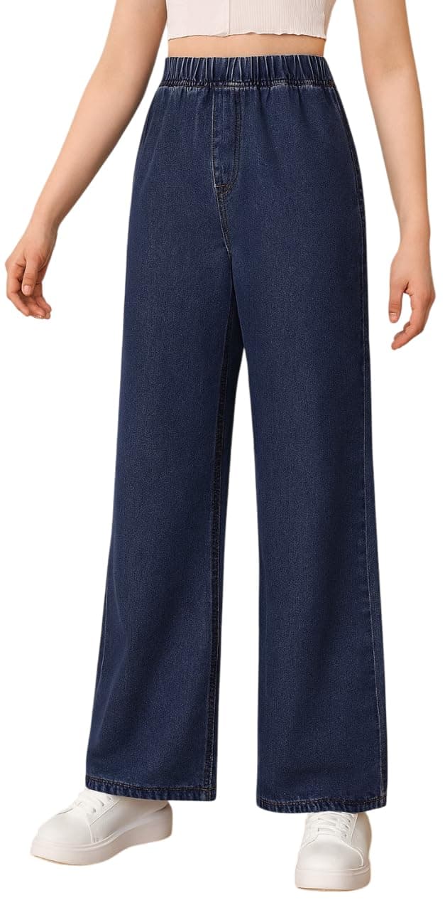 ADBUCKS Girl's Stretch Denim Wide Leg Jeans Comfort Fit with Elastic Waistband, Straight Cut, Casual Style for All Seasons, Versatile Clothing (in, Age, 8 Years, 9 Years, Dxblue)