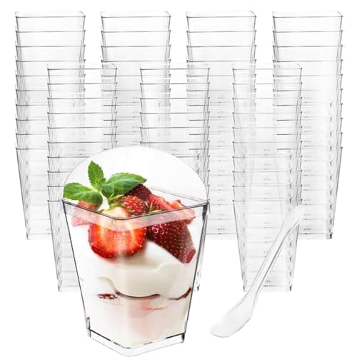 Monrocco 50 Pack 5 oz Plastic Dessert Cups with Lids and Spoons, Small Parfait Yogurt Pudding Cups with Lids for Party, Clear Mini Dessert Shooter Cup for Fruit Trifle Ice Cream