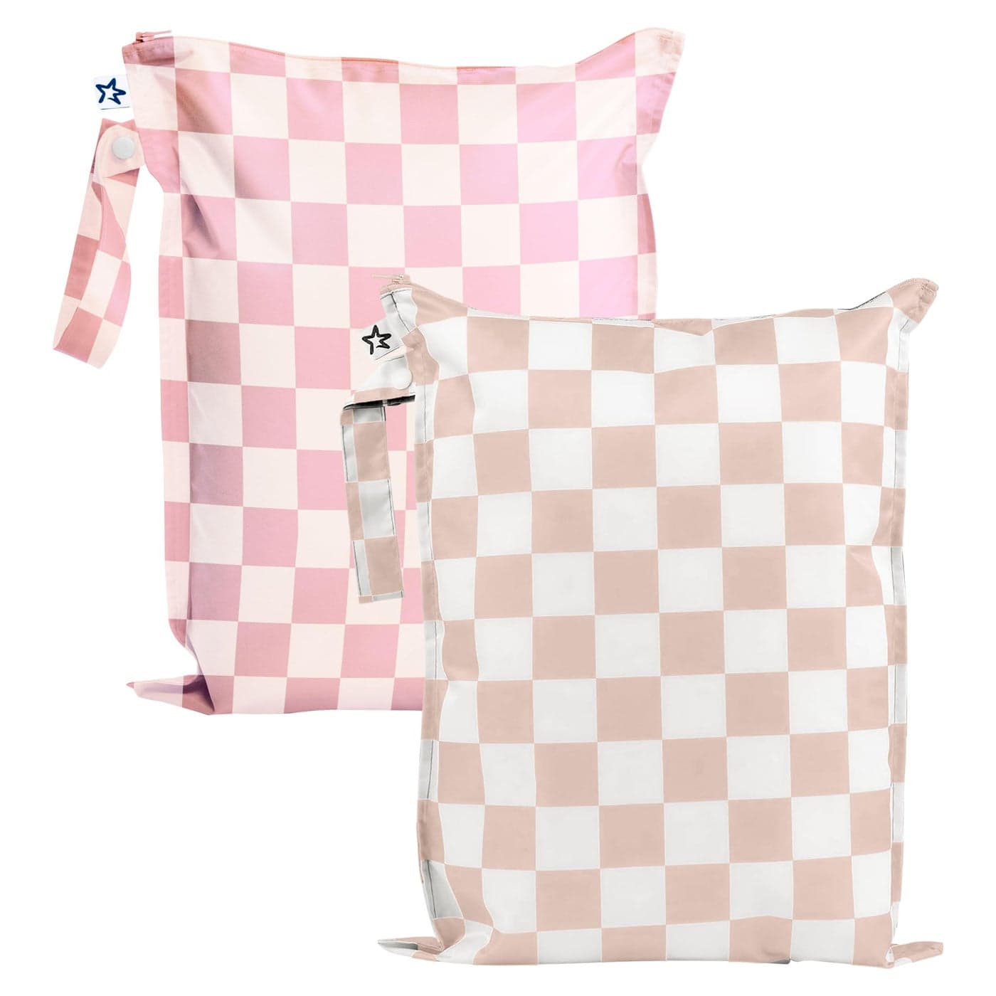 Tiny Twinkle MessProof Waterproof Wet Dry Bag 2Pack Reusable Wet Bags for Swimsuits Baby Clothes Leakproof Wet Bag for Travel Diaper Changes for Baby Pink Brown Checkers