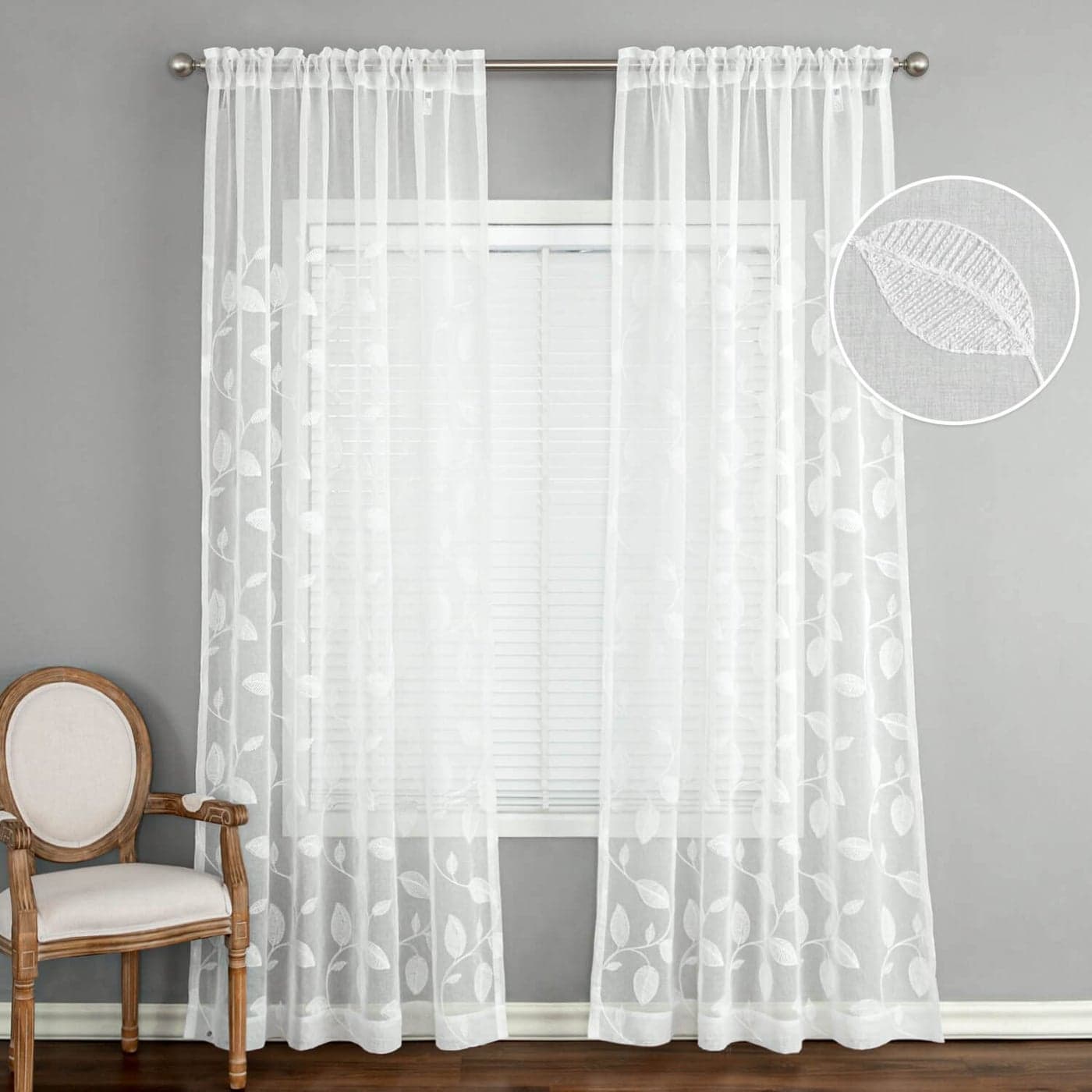 VOGOL SemiSheer Elegant Embroidered Solid White Rod Pocket Window CurtainsDrapePanelsTreatment 42 x 63Two Panels