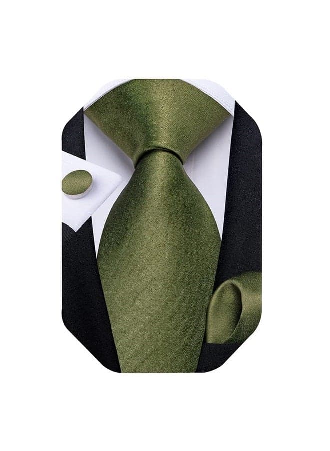 Olive Green Ties for Men Solid Silk Green Necktie With Cufflinks and Pocket Square Sets Party Wedding Business