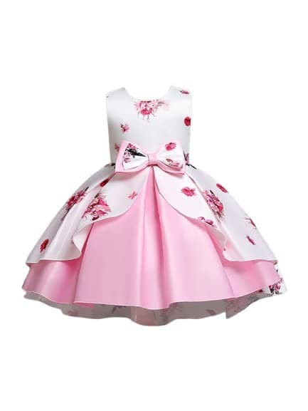 Niren Enterprise Mama Frock Girl's Satin Floral Printed Frock Knee Length Short Frocks Dress. (Pink Mama Frock, 6-7 Years)