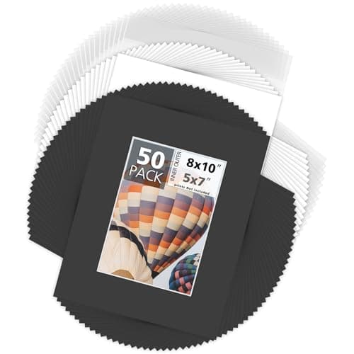 Mat Board Center, Pack of 50 8x10 Photo Mat + Backing + Bag, Pre Cut mat Board Show kit for 5x7 Photo, White Core for Framing Pictures, Prints, Artworks(Black)