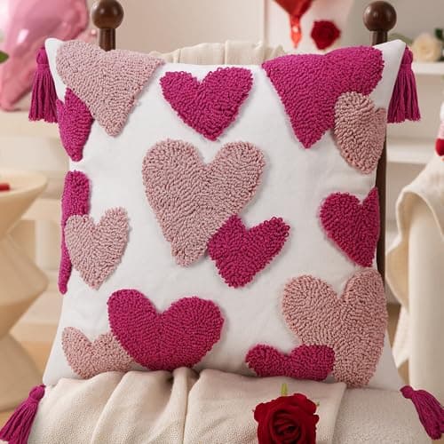 JASEN Valentine's Day Throw Pillow Covers 18x18 inch Love Heart Embroidered Cushion Cover Soft Decorative Pillow Case for Couch Sofa Bedroom Couples Valentine Gift Pink (Love Mix, 18" x 18")