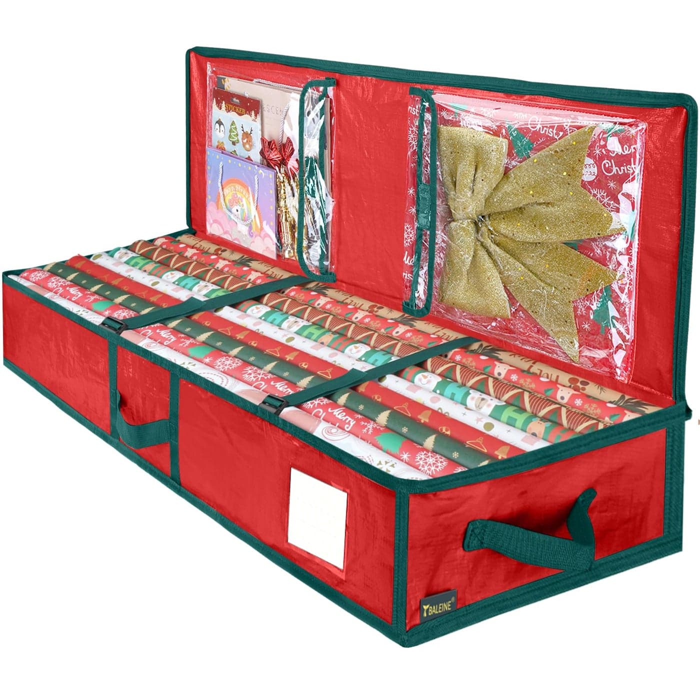 BALEINE SOFT Christmas Wrapping Paper Storage Bag 40 Durable PE Gift Wrap Storage Bag with Flexible Partitions and Pockets for Ribbon Accessories Red