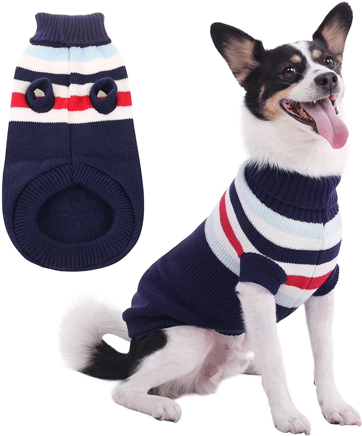KUTKUT Dog Sweater | Warm Strip Dog Winter Knitwear Clothes with Elastic Leg Bands | Soft Acrylic Knitted Pet Pullover for Small Medium Large Doggy (Blue, Size: L)