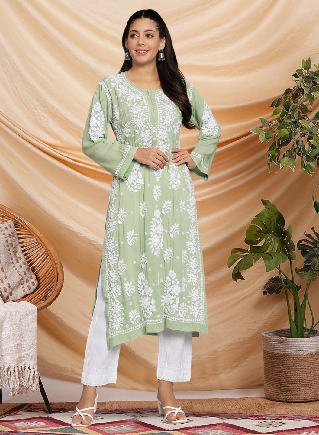 Hand Embroidered Chikankari Modal Straight Kurta-AL3682