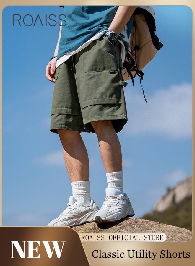 Men's Cotton Shorts, Outdoor Relaxed-Fit Athletic Shorts Multi-Functional Casual Drawstring Fringe Design Beach Shorts Men's Minimalist Comfortable Breathable Skin-Friendly Workwear, Green