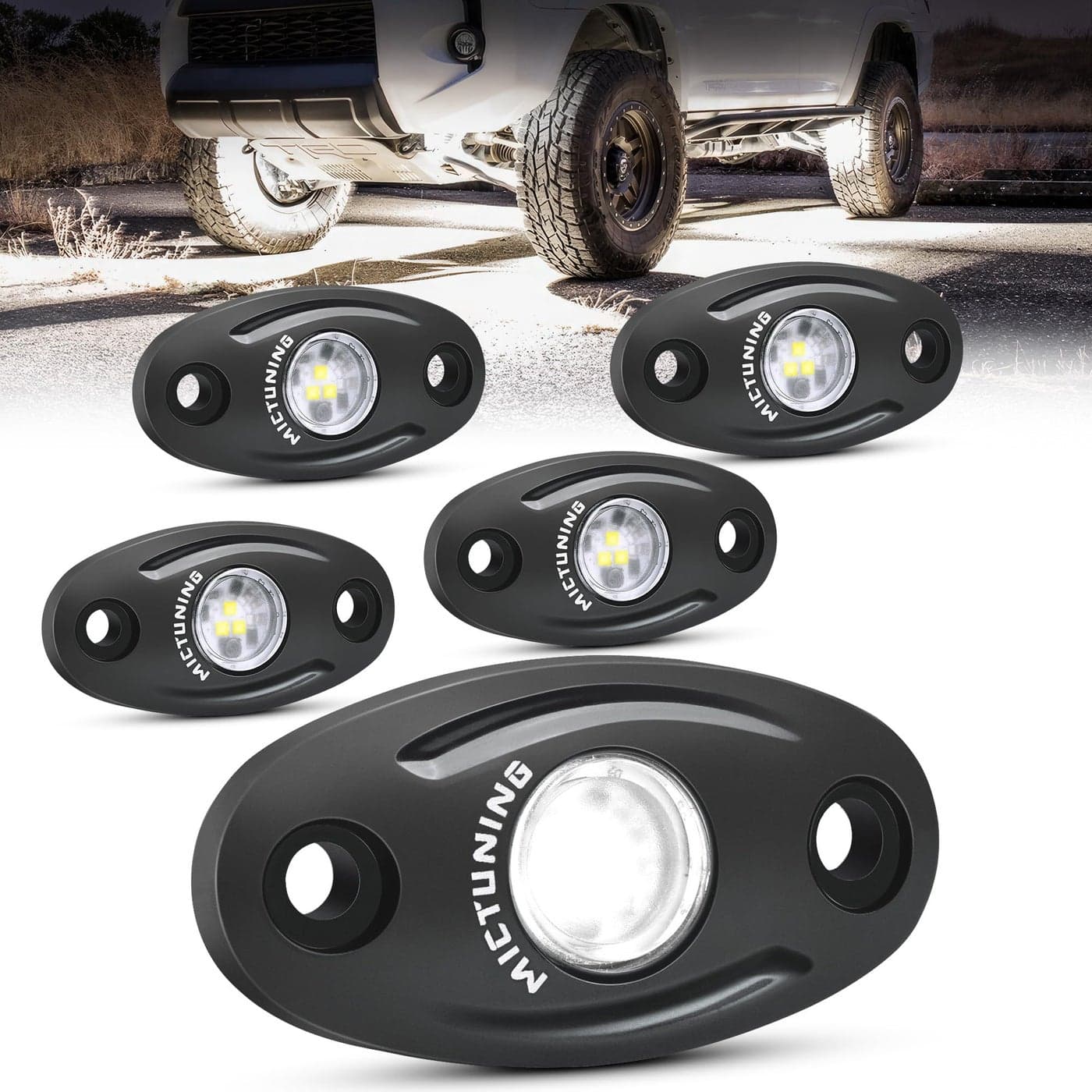MICTUNING 4 Pods Pure White Rock Lights Kit IP68 Waterproof with Wiring Harness Ultimate Underglow for Car Truck ATV UTV SUV OffRoad Golf Cart Boat