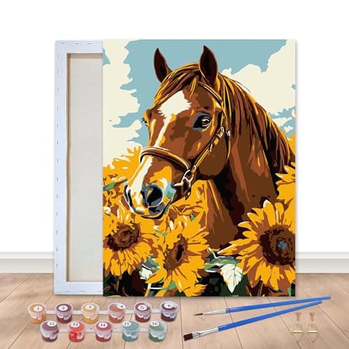 Bimkole Framed Paint by Numbers Kit for Adults Sunflower Horse DIY Oil Painting Kit on Canvas with Paintbrushes and Acrylic Pigment for Beginner for Home Wall Decor 8x12inch20x30 cm