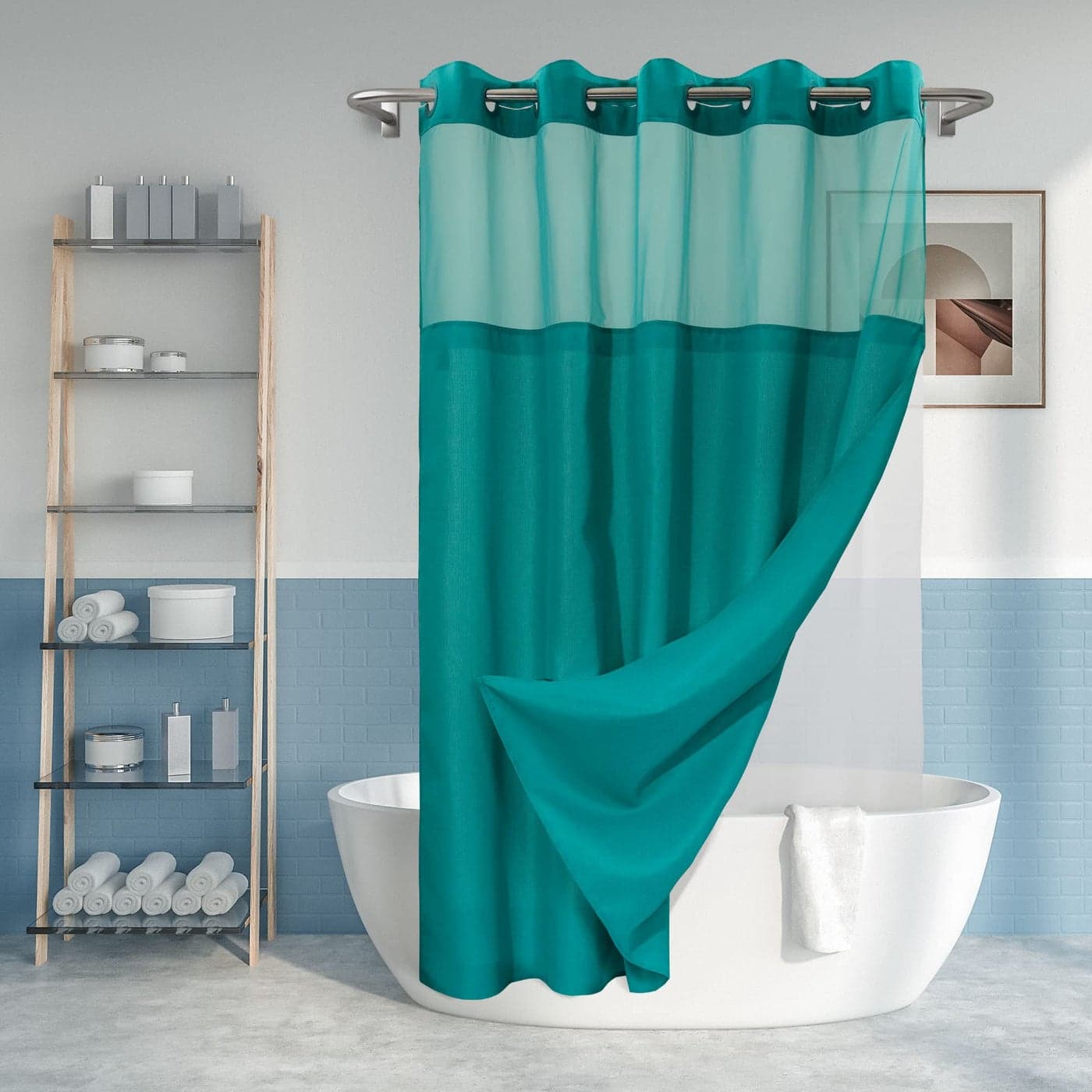 No Hook Slub Textured Shower Curtain with Snapin PEVA Liner Set 71 x 7472 Hotel Style with See Through Top Window Machine Washable Water Repellent Teal 71x74