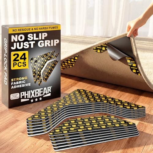 PHIXBEAR Rug Tape 24 Pcs, Strong Hold Anti-Slip Pads, No-Glue Silicone Bottom, Washable & Reusable, Low-Odor, Pre-Cut Corner Triangles & Edge Strips, Keeps Rug Corners/Edges Flat on Hardwood & Tile