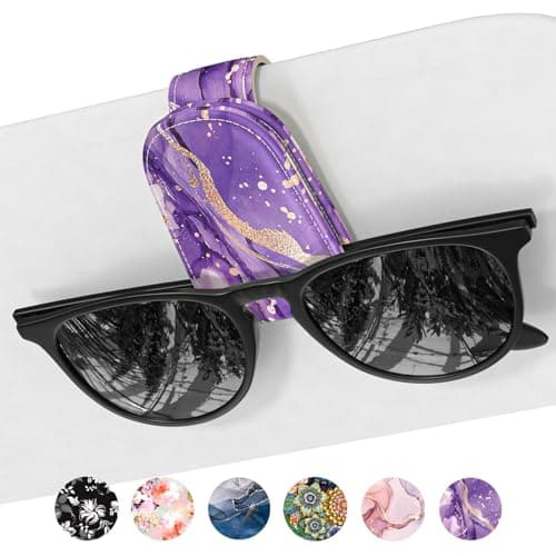 NPOOYI Sunglasses Holder for Car Visor, Magnetic Leather Sunglass Holder, Sun Visor Glasses Hanger Clip, Car Interior Accessories for Women Men, Fits All Size Eyeglasses, Purple Marble