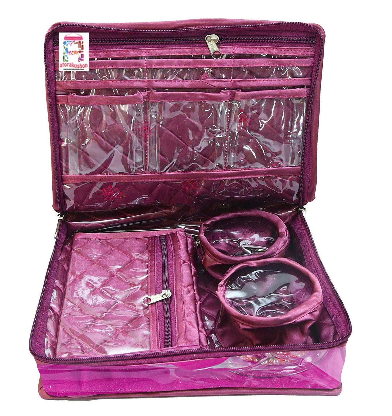 atorakushon Satin Purple Jewellery Pouch Necklace Kit Vanity Bag Makeup Pouch Wedding Organizer For Women And Girls