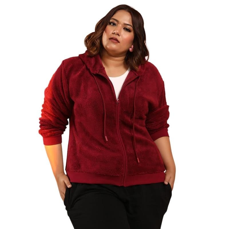 Instafab Plus Women's Carmine Red Zip-Front Fleece Hoodie for Casual Wear | Hooded Neck | Long Cuffed Sleeves | Zipper Closure | Plus Size Sweatshirt Crafted with Comfort Fit for Everyday Wear