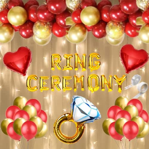 FI - FLICK IN 68 pcs Ring Ceremony Decoration Set Ring Foil Balloon Decorations Decor Red Metallic Balloons Garland Romantic Engagement Wedding Decoration Items (Pack of 68, Red & Gold)