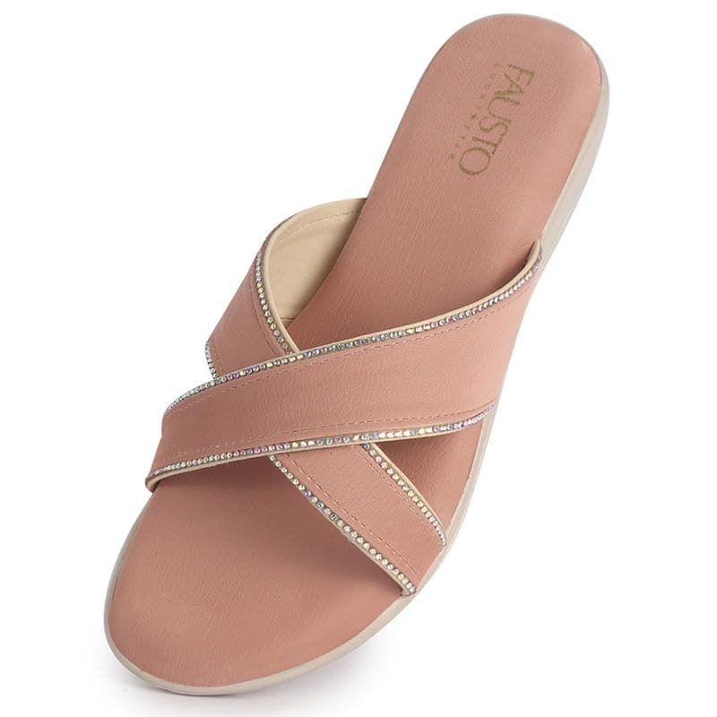 FAUSTO FST FKAWC-19006 PINK-40 Women Pink Embellished Slip-On Open Toe Ortho Flats with Cross Strap | Sandals for Wedding, Party, Ethnic Wear | All Day Flat Slippers (6 UK)