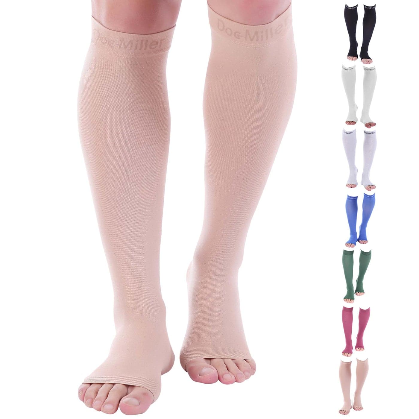 Doc Miller Open Toe Compression Socks, 20-30 mmHg, Toeless, Support Circulation, Shin Splints, Calf Recovery, Post Op, Knee High, Medical Grade, Nude/Skin Socks, Large Size for Men & Women, Pair