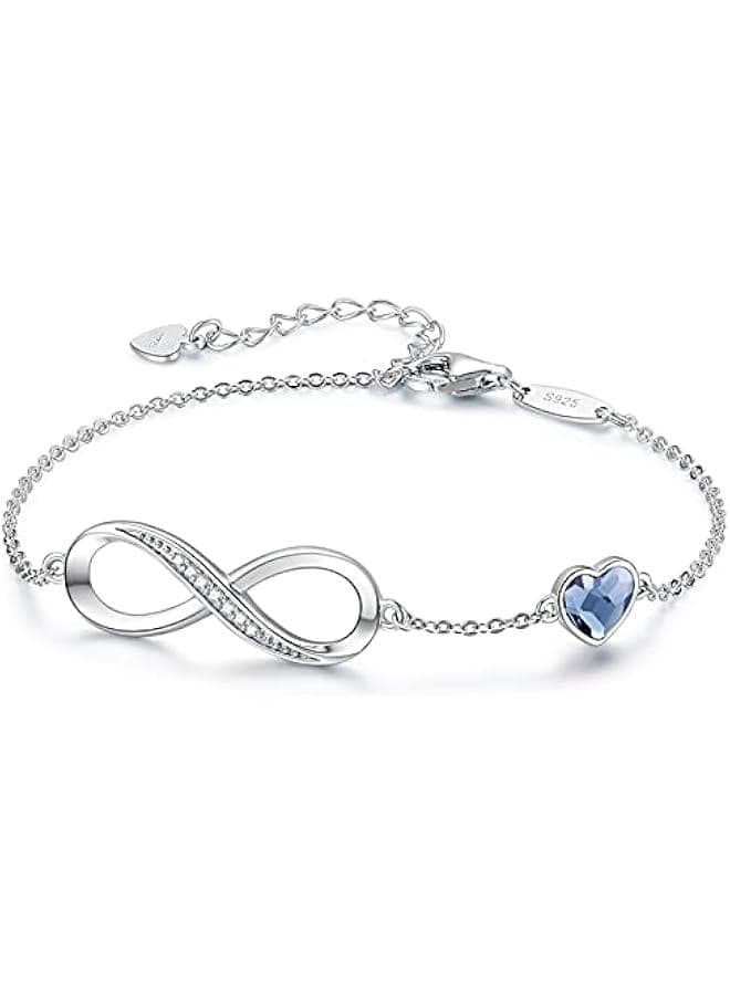 Infinity Heart Birthstone Charm Link Bracelet for Women 925 Sterling Silver Adjustable Mother's Day Gift Anniversary Birthday Jewelry for Wife Girlfriend Her
