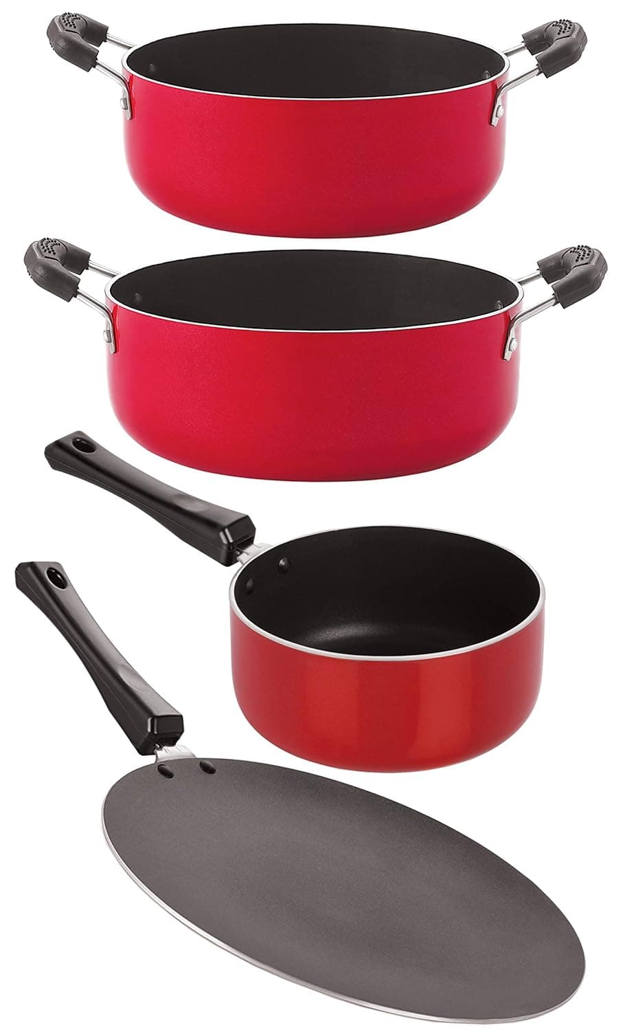 Nirlon Nonstick PFOA Free Stain Resistance Non-Induction Pots and Pans Gift 4 Pieces Set (1 Concave Tawa 27.5cm /1 Sauce Pan (B)1.8 LTR/1 Casserole 2.1 LTR/1 Casserole 3.1 LTR) (CT11_SP(B)_CS20_CS24)