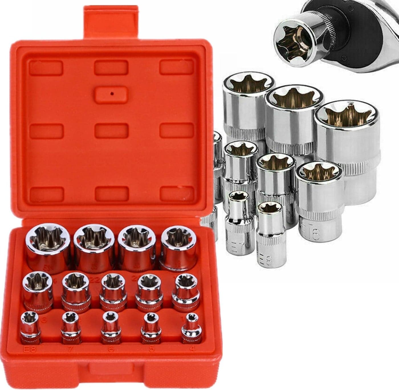 Zaptec 14-Piece E-TORX Socket Set - Female Torx Socket Set - Ultimate Star Socket Set - Torque Socket Set - External Torx Socket Set - 1/4", 3/8" & 1/2" Drive - E4 to E24 Socket Set