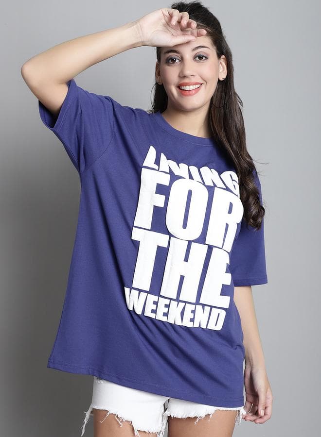 Navy Blue Oversized Slogan Print T-Shirt