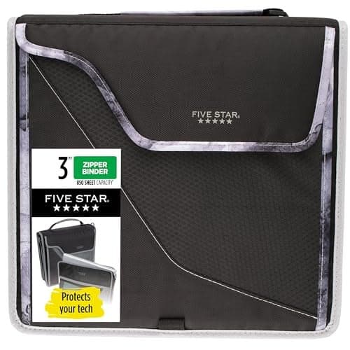 Five Star Zipper Binder, 3 Inch 3-Ring Binder with D Rings, Removable Padded Case, 5-Tab Expanding File and Multi-Use Strap, 850 Sheet Capacity, Black/Gray (29296IT8)