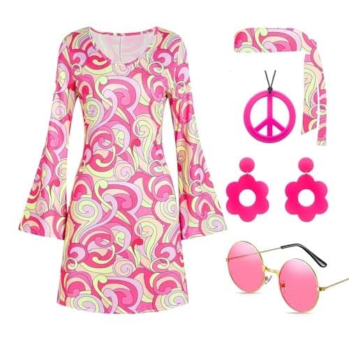 Deerjoke 60s 70s Disco Outfit Hippie Costume Women, 1970 Style Clothes Dress Accessories Jewelry Halloween (Pink, Large)