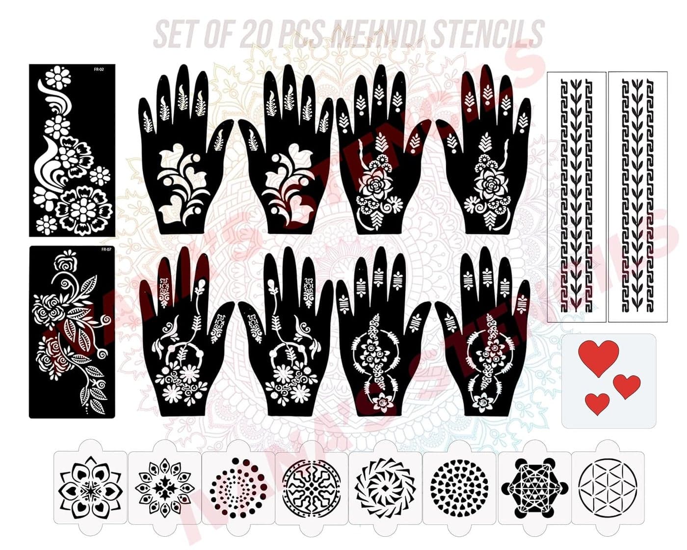 Ivanas Set of 20 Pcs Combo Pack Reusable Mahandi Degin Sticker Full Handfor Both Hands Easy to Use Best for Girls Women Kids Teen New Mehandi Stencils Design Stickers D2059