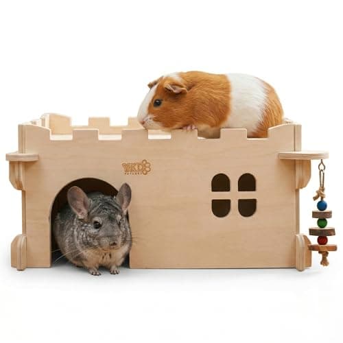 Castle Chinchilla House, Small Animal Hideout for Chinchilla, Guinea Pig, Hedgehog, or Rat, Ventilated Wooden Guinea Pig Hut Habitat with Multiple Doors (Large)