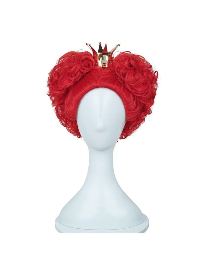 Probeauty Red Curly Wigs with Crown, Synthetic Hair Anime Queen Wig, Red Hearts Halloween Cosplay Wig + Wig Cap