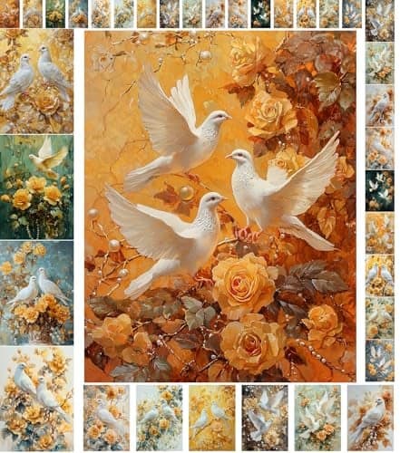 Decoupage Paper Pack 35 Sheets 6x8 Doves and Roses Elegant White Doves paired with Vibrant Yellow Roses Set Against Soft and Calming Pastel Backgrounds FLONZ Vintage