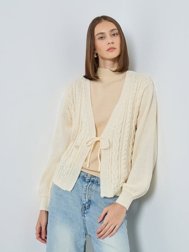 Cream Boxy Fit Cable Knit Tie-Front Cardigan