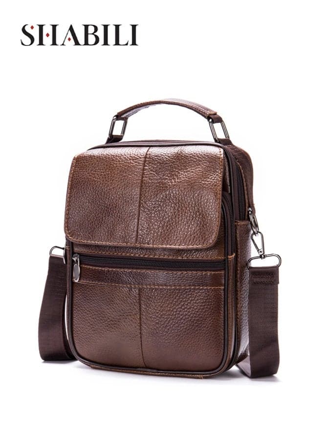 Men's Genuine Cowhide Crossbody Bag, Daily Commuting Shoulder Bag Handbag Carry Bag messenger bag Sling Bag satchel bag for Work Travel with Multi Zipper Pockets Strap Large Capacity (Brown)
