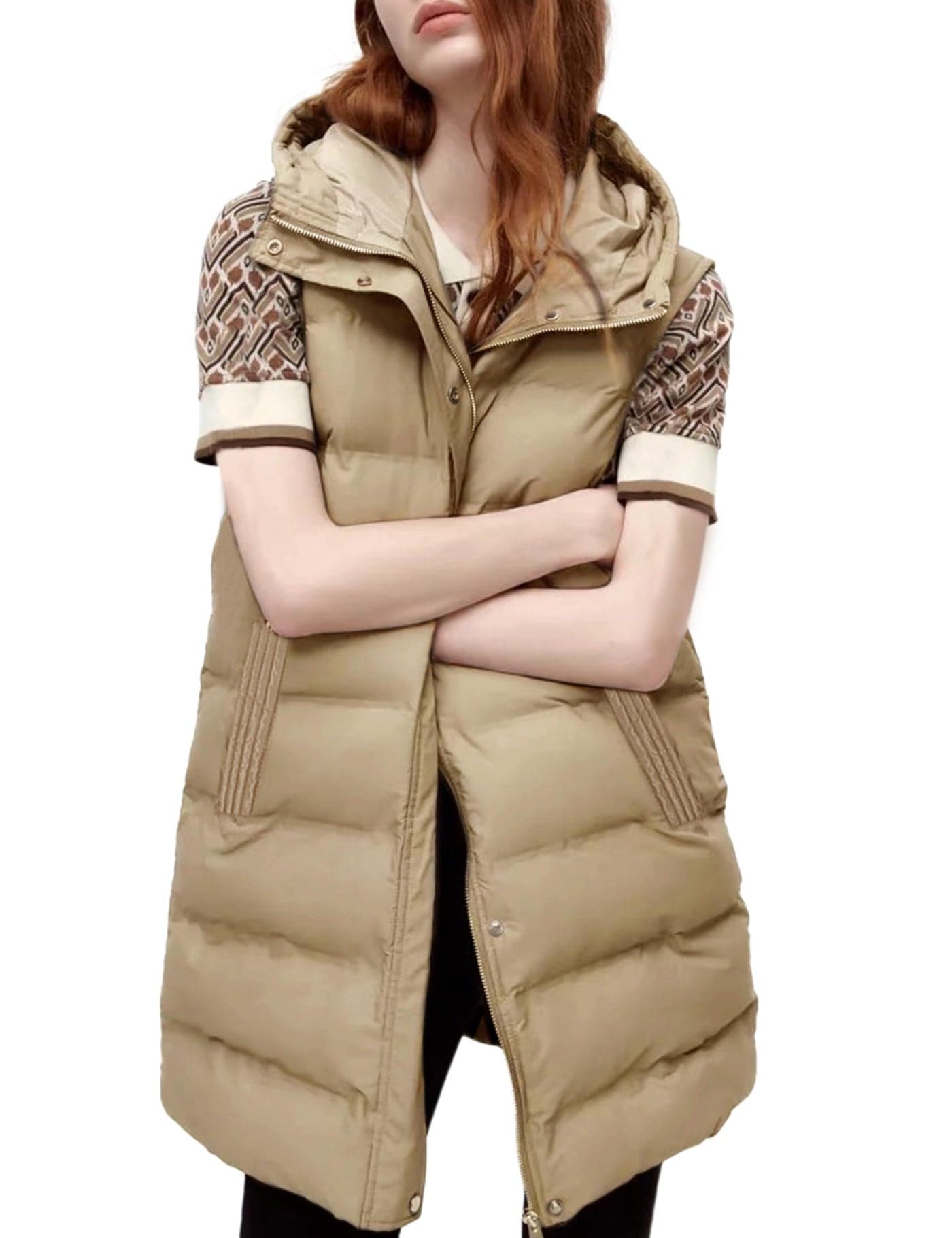 Tanming Womens Long Puffer Vest Casual Sleeveless Puffy Jacket with Removable Hood KhakiM