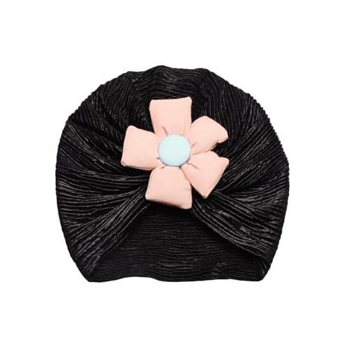 THE LITTLE LOOKERS Cotton Unisex Soft Turban Cap with Flower Bow, Beanie Cap for Newborn Baby/Infants, Baby Headwear | Suitable for 3 to 18 Months Baby (Black)