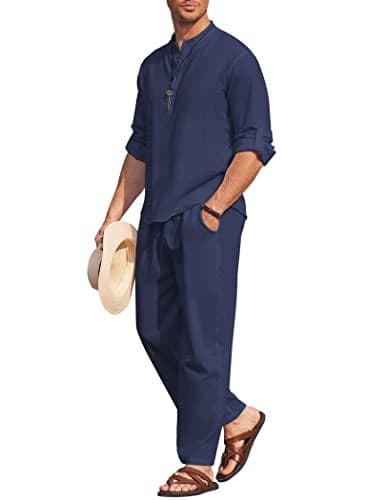 COOFANDY Mens 2 Pieces Cotton Linen Set Long Sleeve Henley Shirts Casual Beach Pants With Pockets Summer Yoga Outfits