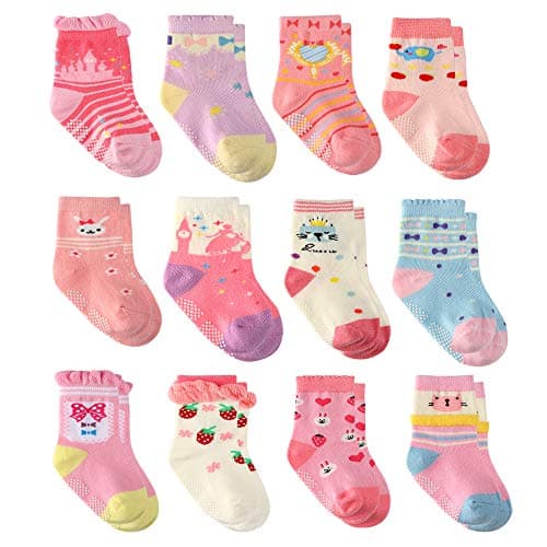 12 Pairs Toddler Girl Grip Socks Non Skid Cotton Crew Socks, Baby Socks Girl Anti Slip Socks for Kids Girls (12 Pairs Princess, 1-3 Years)
